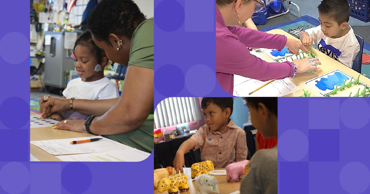 Three photos of young children learning math in a classroom