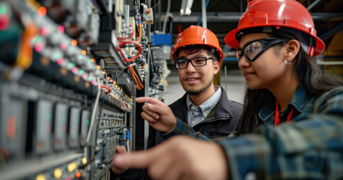 Two people wearing hard hats and protective clothing working on a control panel